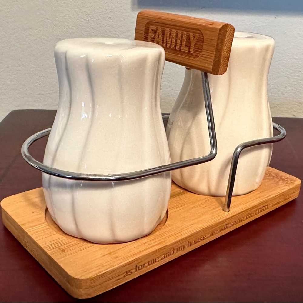 Salt & Pepper Shaker Set Family Bamboo Tray Ceramic White Christian Joshua 24:15